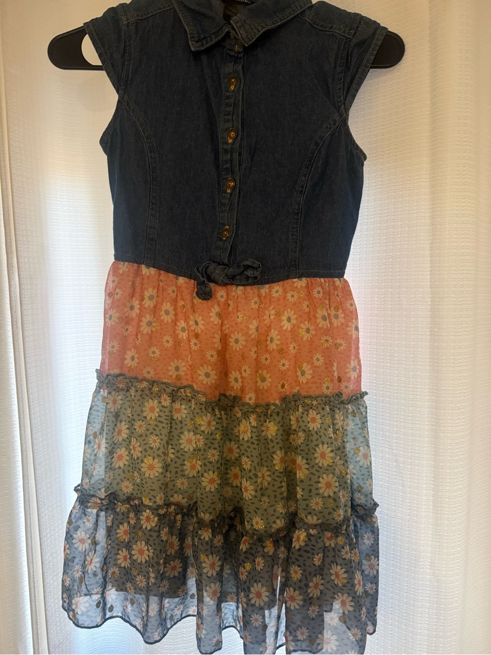 Denim & Floral Tiered Girls' Dress - Blue and Coral size large 10/12 girls
